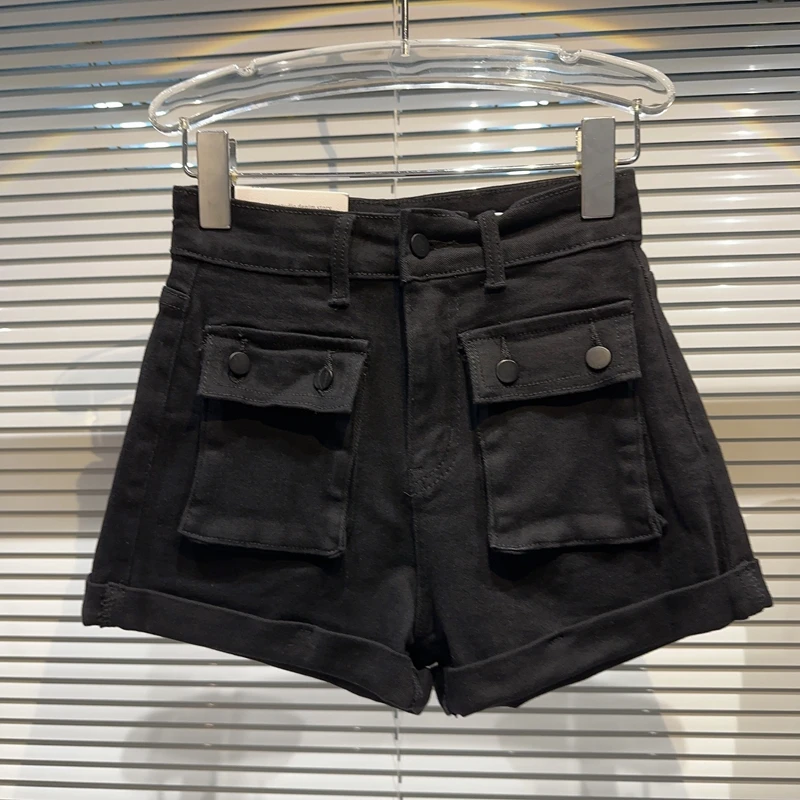 2023 Summer New Large Pocket Flanging Trousers American Style Loose Workwear Denim Shorts