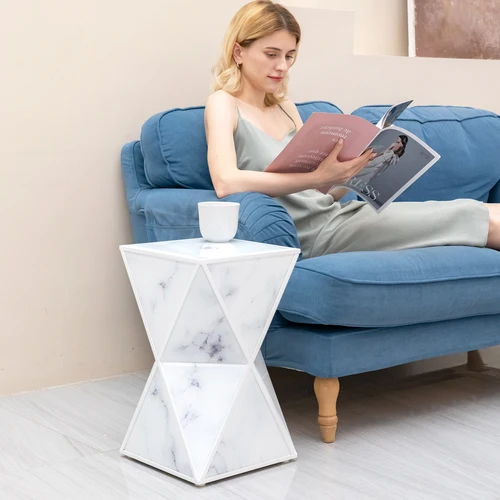 

URBANLIFE Geometry End Table, Glass Nightstand, Marble Table, White Table for Bedroom Living Room