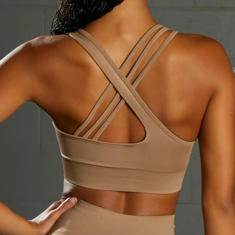 New Fabric Nylon Seamless Breathable Women Fitness Yoga Tops Cross Back Bra Solid Color And Sexy Sports Vest Exercise Clothing