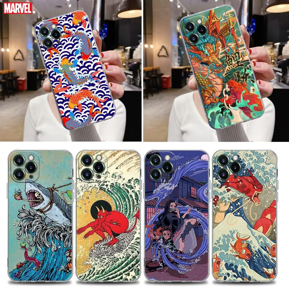 

Transparent Phone Case For Apple iPhone 13 12 11 mini Pro Max XS X XR 6s 7 8 Plus SE 2020 Cases Cover Japanese Wave Dragon Anime