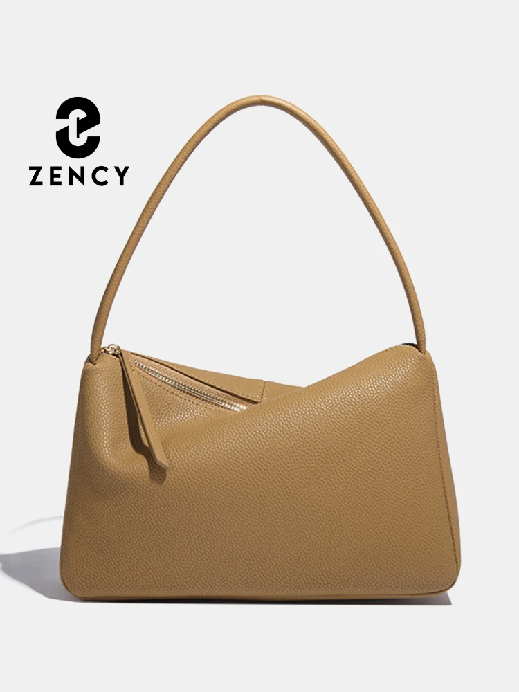 

Zency Retro Elegant Genuine Leather Top-handle Bag For Women Simple Shoulder Handbag Ladies Underarm Bag Beige Brown Top Zipper
