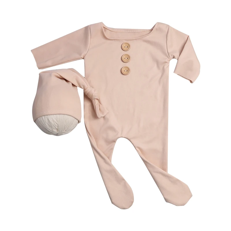 

2Pcs/Set Newborn Baby Long Romper Jumpsuit with Knotted Hat Buttons Solid Color Infant Coverall Photo Photography Prop Outfits