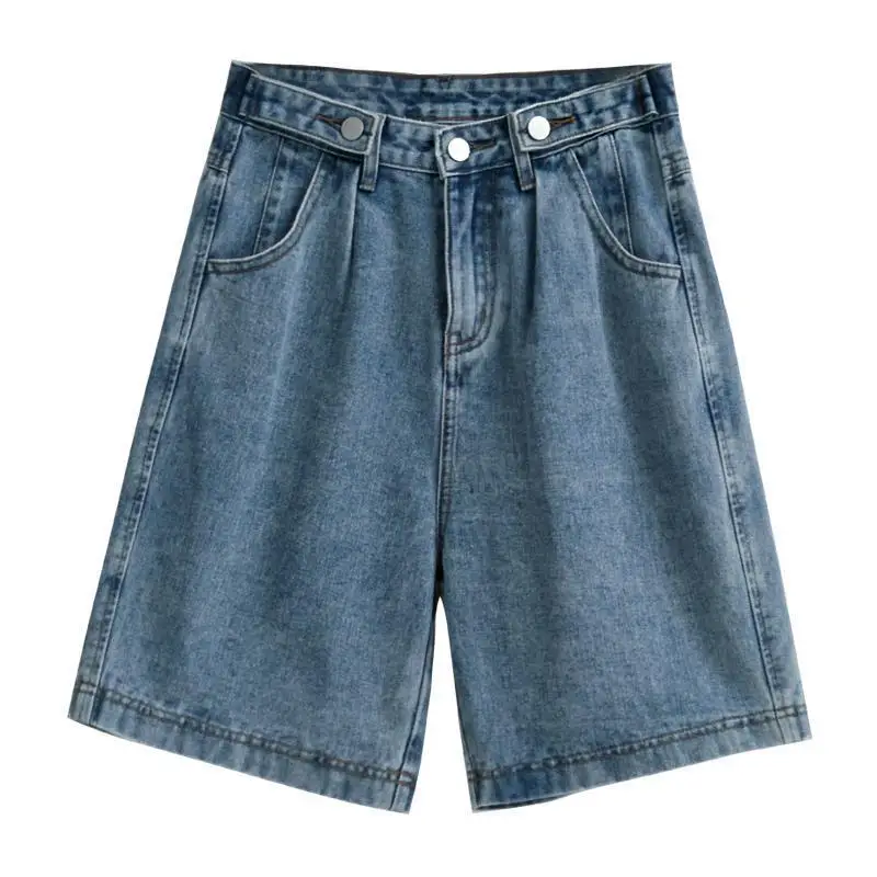Vintage Blue Denim Shorts Women's Jean Shorts Summer Casual Korean Fashion Elastic High Waist Straight Leg Slim Wide Leg Pants