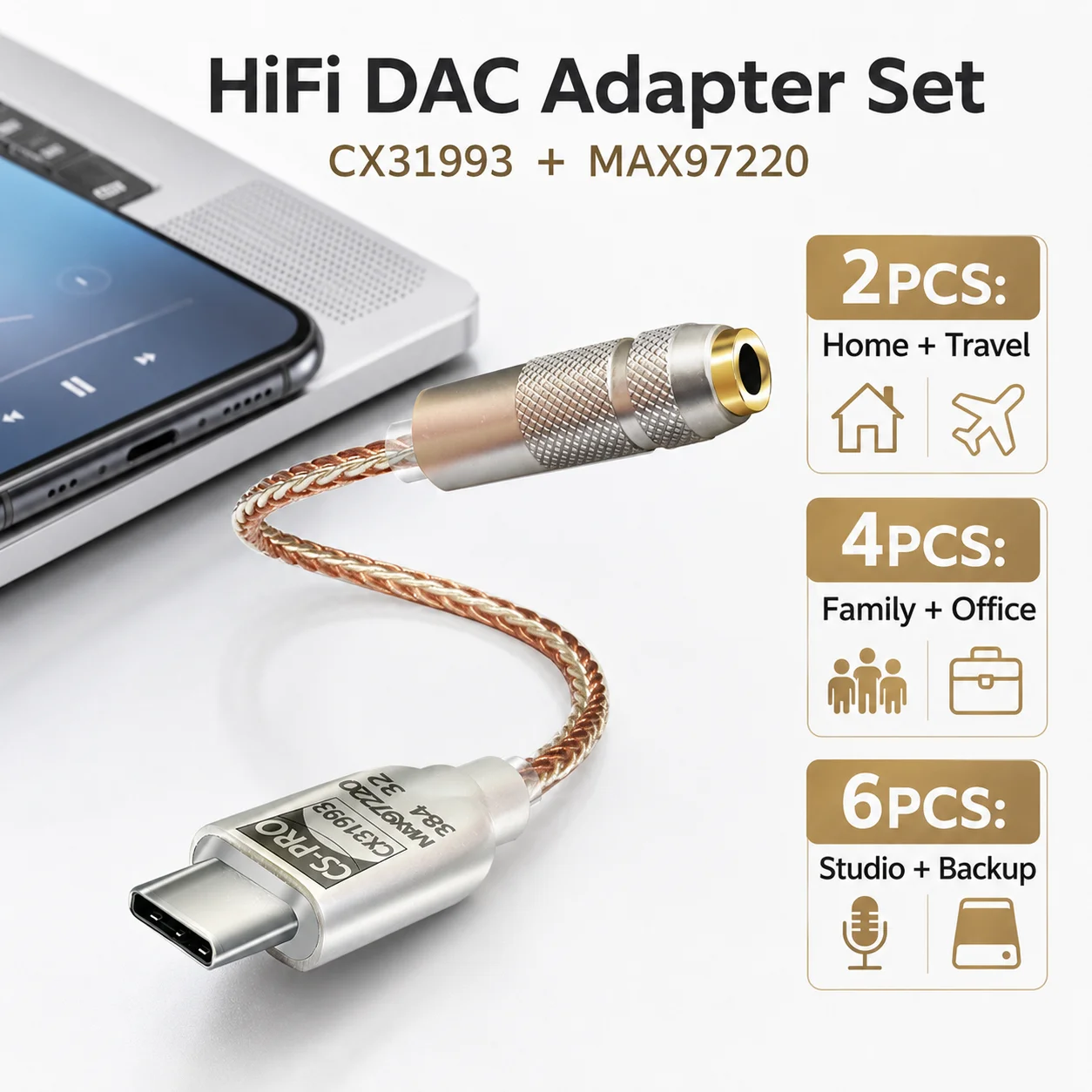 Фото 2 шт., 4 шт., 6 шт. USB-C DAC-адаптеры CX31993 MAX97220, Hi-Fi аудиоконвертеры Type-C на 3,5 мм, усилители для наушников, 32 бит, 384 кГц №3
