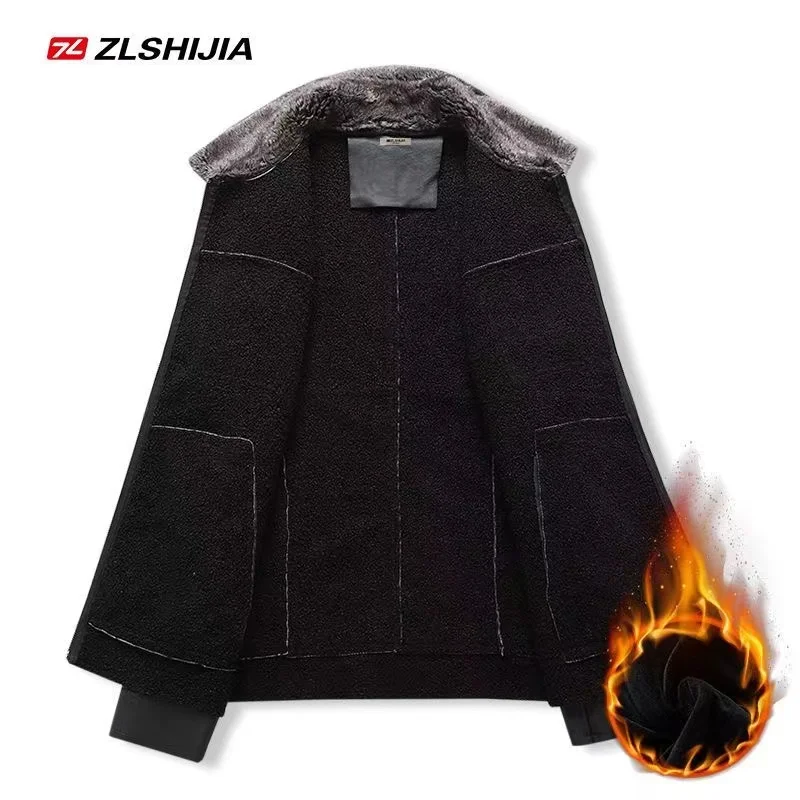 Men's Fleece Leather Jacket Autumn Casual Warm Sports Jacket Windproof Lapel Leather Jacket Menswear Fur Collar Coat Cold