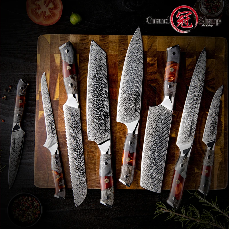 Фото Шеф-нож Grandsharp 8,3 дюйма, 67 слоев, кухонные ножи из дамасской стали, ножи для мяса, суши, сашими, кирицуки, столовые приборы, инструменты для готовки №2