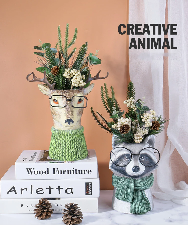 

New Bear Owl Deer Vase Statue Resin Sculpture Figurine Office Home Decoration Pens Holder Desktop Handmade Craft Modern Art