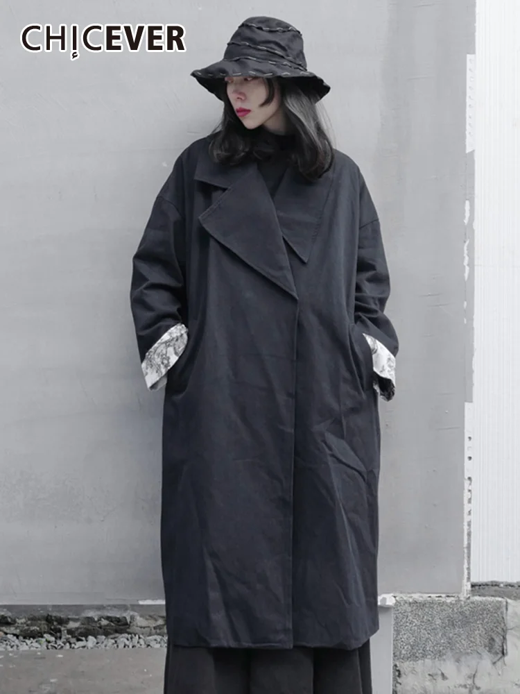 

CHICEVER Asymmetrical Solid Trench For Women Lapel Long Sleeve Patchwork Single Breasted Loose Windbreaker Female Autumn 2022