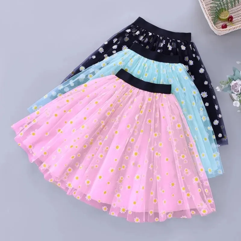 

Summer Girls Flower Floral Tutu Skirts For Kids Korean Children's Clothes Fresh Mesh Pleated Princess Tulle Bust Skirt New 2022
