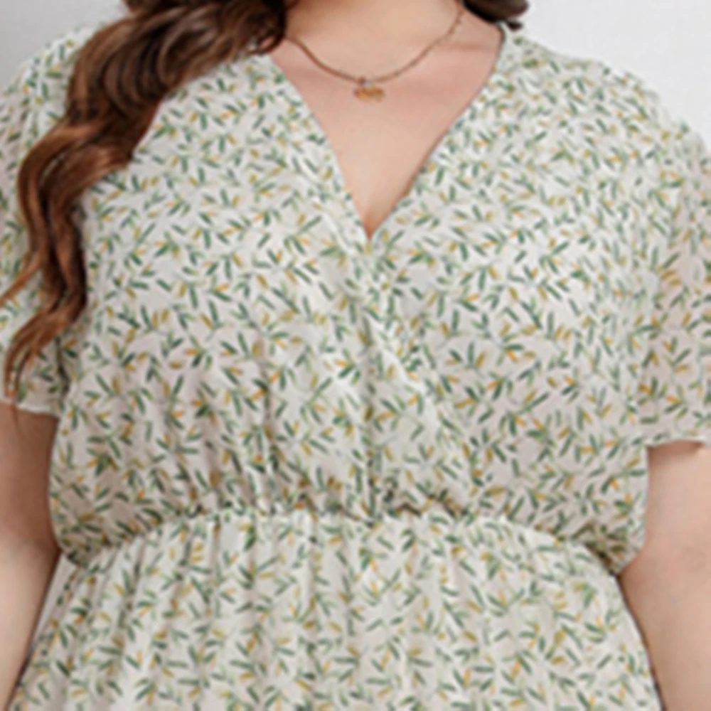 2022 Summer New Hot Sale European And American Style Chiffon Plus Size V Neck Floarl Short Sleeve Dress For Large Women