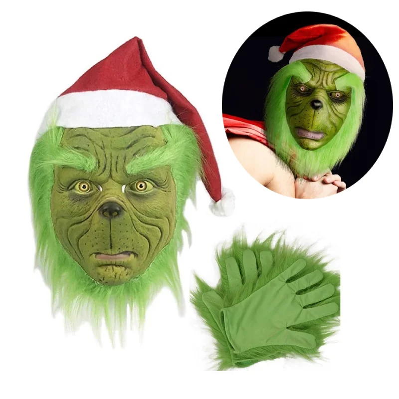 

The Green Christmas Decorations Toys Cosplay Grin Latex Mask Headdress Halloween Easter Party Costumes With Hat Navidad Gifts