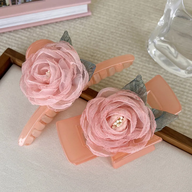 

Sweet Pink Jelly Hair Claw Plastic Large Hairpin Camellia Flower Beach Crab Clip Fashion Women Barrette Hair Styling Accessories