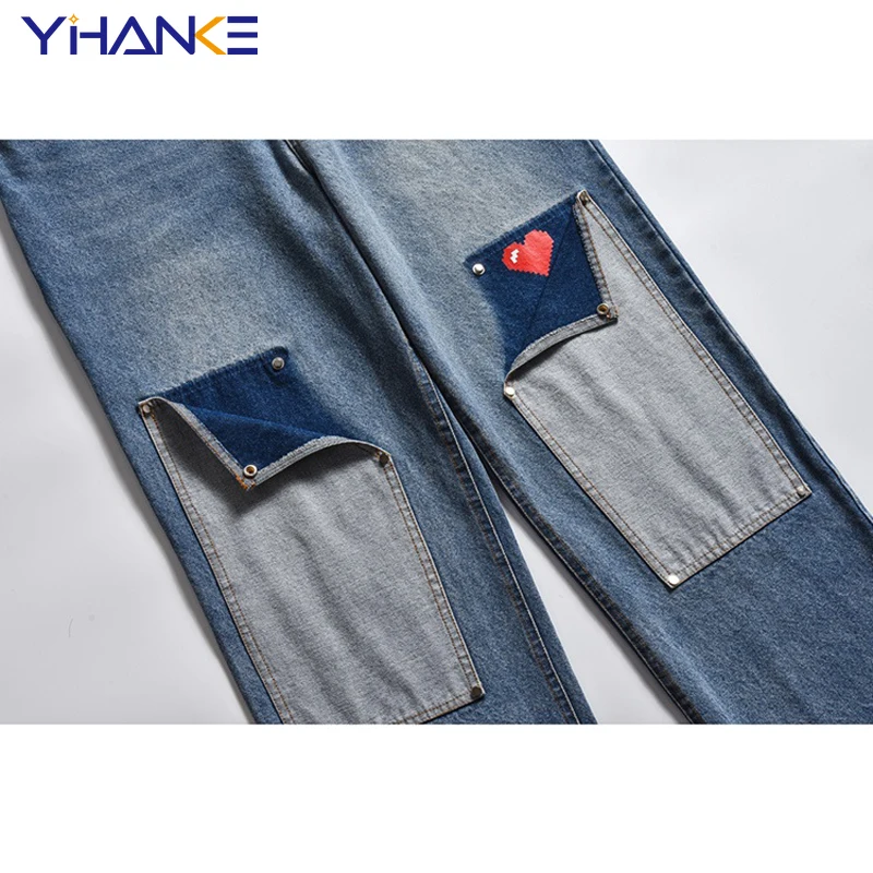 YIHANKE Colour Block Cargo Jeans Patchwork Jeans High Street  Vintage Jeans Men Distressed Baggy Jeans Top Quality Streetwear
