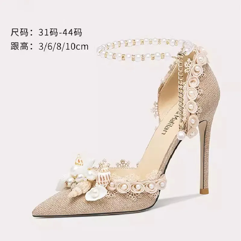 

Spring and Summer New Pointed Sequins Pearl Water Diamond Flower Sandals Thin High Heel Banquet Dress Large and Small Women Shoe