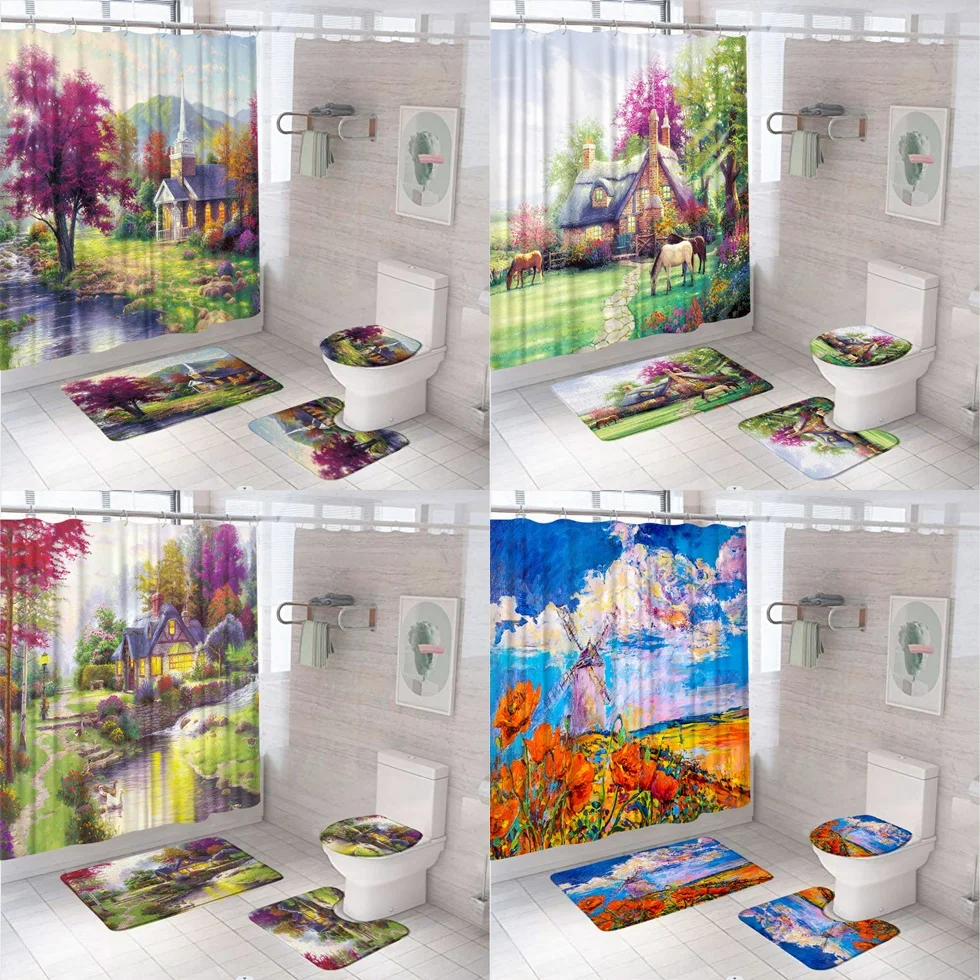 

Country Oil Painting Scenery Shower Curtain Sets Flowers Windmill Bathroom Curtains Non-Slip Bath Mat Pedestal Rug Toilet Cover