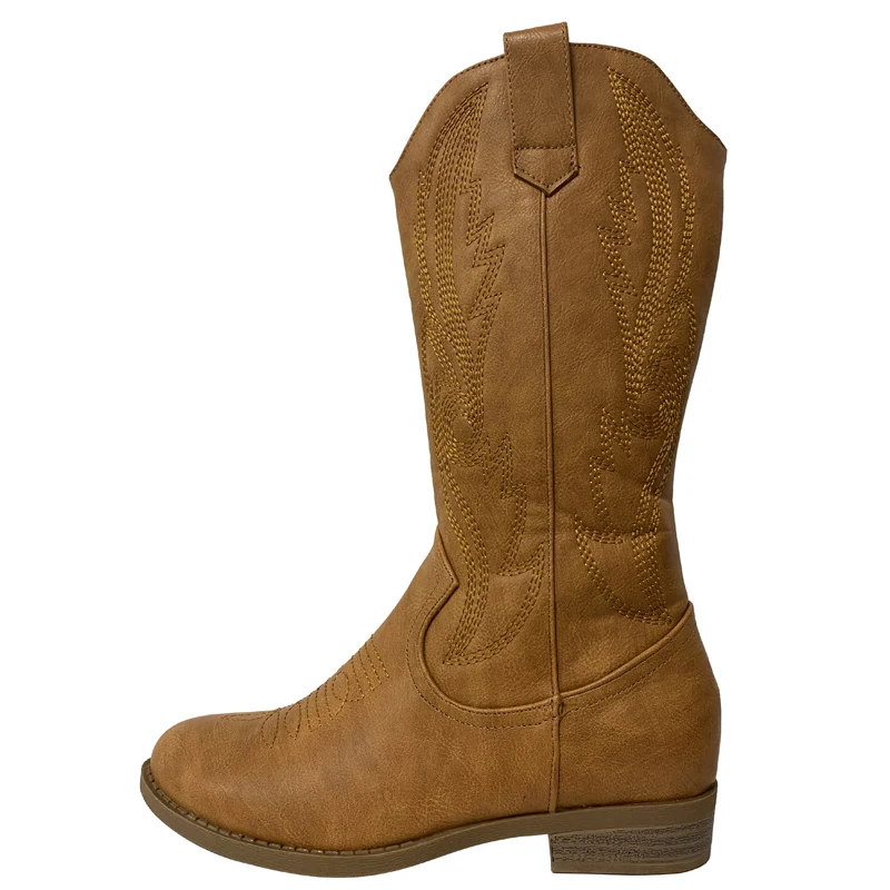 

Женские повседневные винтажные мотоциклетные сапоги для верховой езды, легендарные ботинки до середины икры с круглым носком и вышивкой, б...