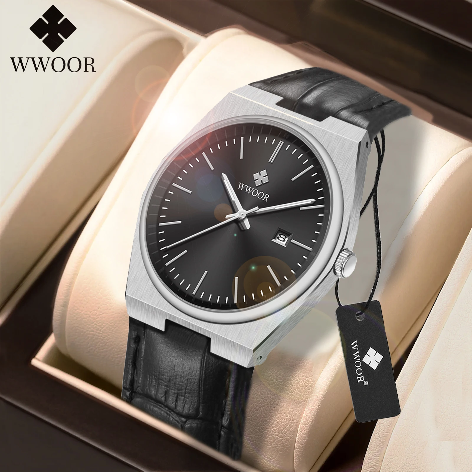 2023 New WWOOR Men's Watches Luxury Quartz Watch For Men Sport Automatic Date Sapphire crystal Wrist Watch steel Leather Strap