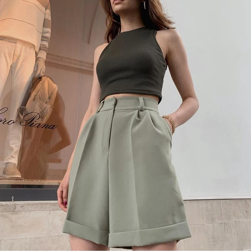 

Women's Trousers 2021 Flanging with Pockets, Zipper Buttons, Solid Color Fashion Casual Women's Shorts, Fashion Street Shooting