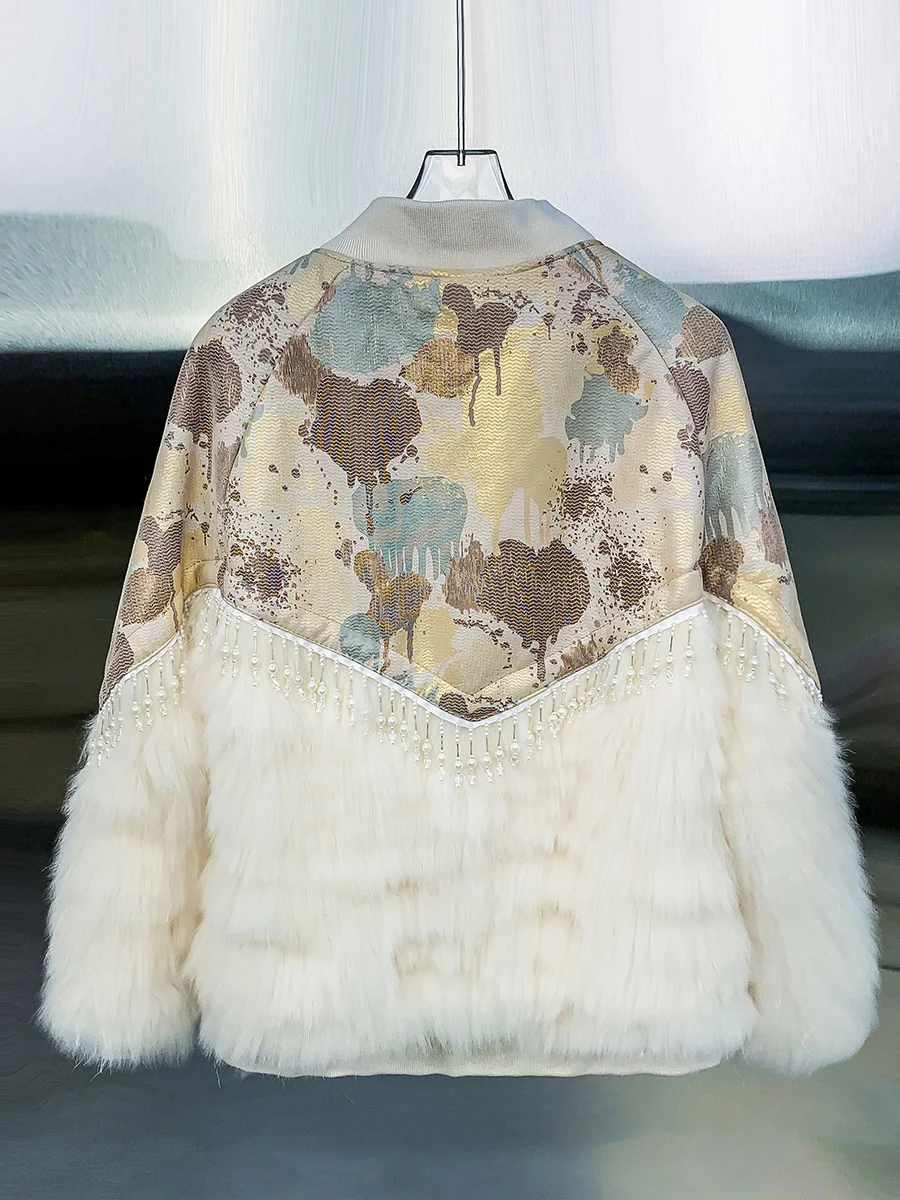 Chinese Style V-neck New Spokes Craft Raccoon Fur Pulling Needle Tassel Fur Coat For Women enlarge