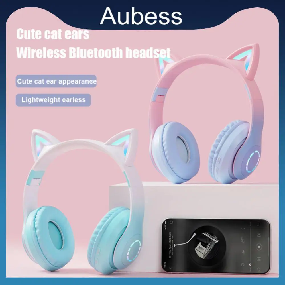 

Gaming Wireless Headphone With Mic Stereo Music Earbuds Tws Led Flash Light Phone Headsets Foldable Cat Ears Headset