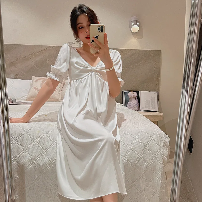 

French Court Style Nighty for Women Pajamas Bow Short-sleeved Long Nightgown Solid Sexy Loungewear Women's Nightwear Vestidos