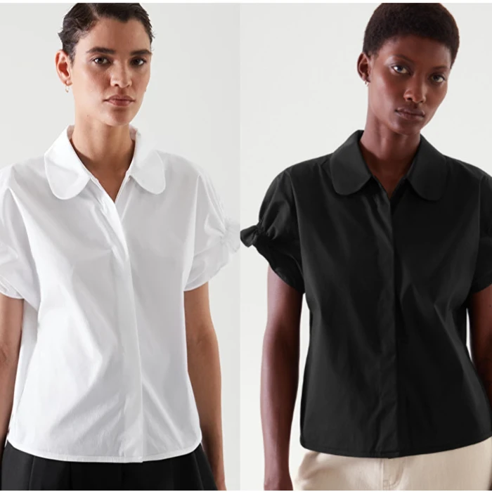 

Women Pleated Shirts tops 2022 new Peter pan Collar Female Short Sleeve Chemise Female Covered Buttons Blouse