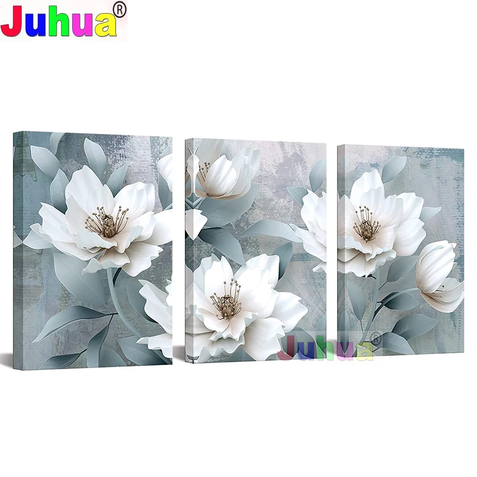 

Full square diamond painting Blue White Blossom Floral diamond embroidery rhinestone mosaic diamond inlaid plant Triptych Art