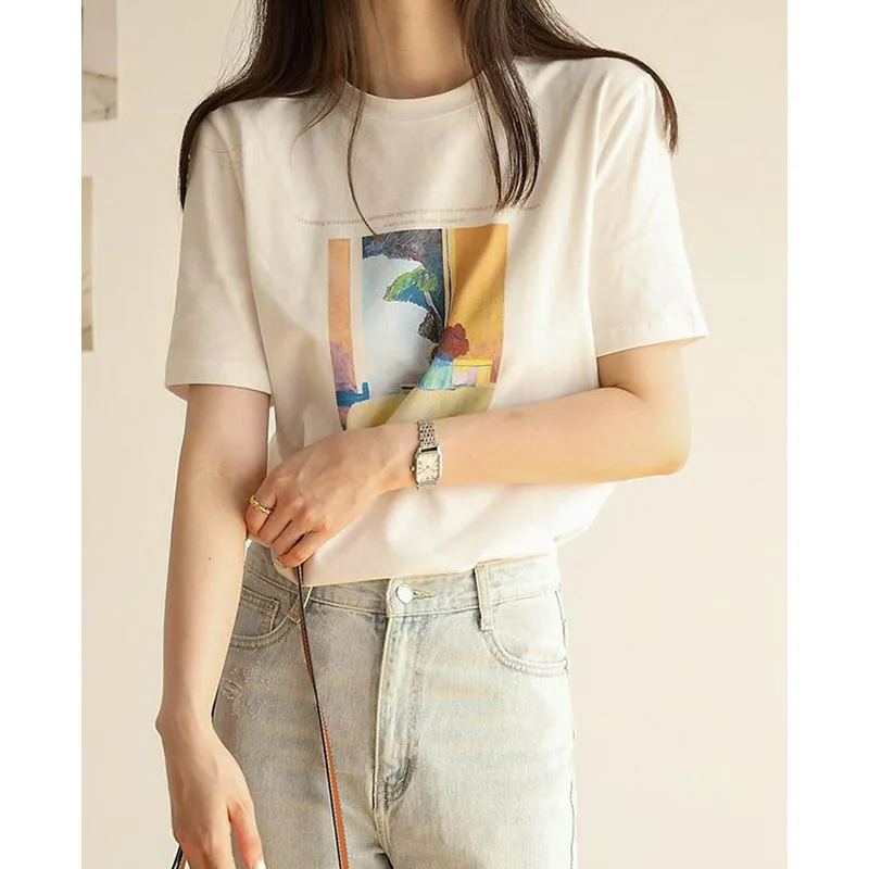 

Sandro Rivers Womans Cotton Oil Painting Print T-shirt for Summer White Slim-looking Short Sleeve Classy Round Neck Niche Tops