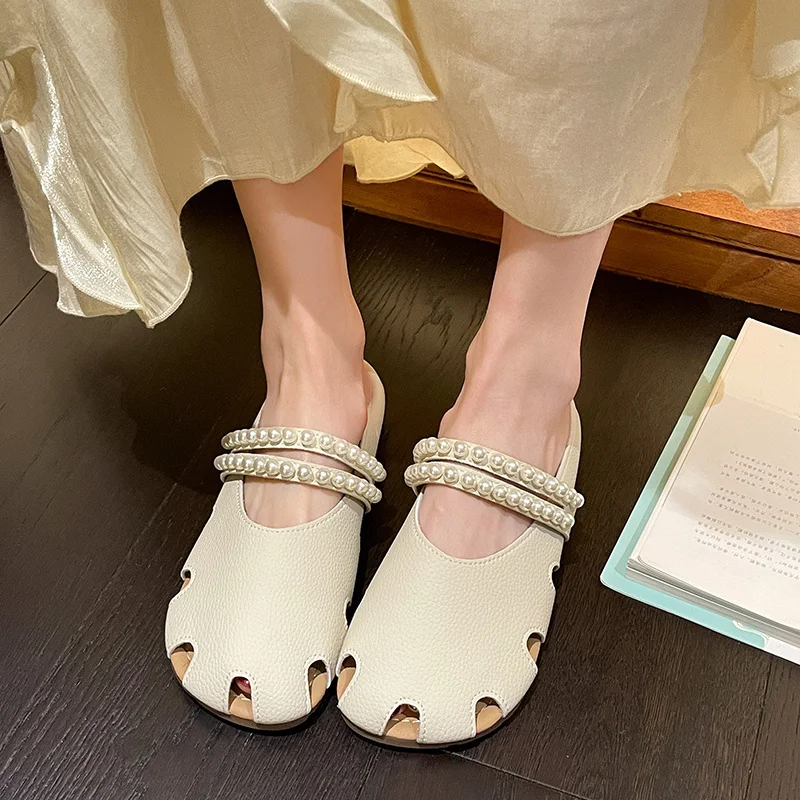 

New Design Trepanning String Bead Solid Color Women Slippers Round Toe Outdoor Ladies Shoes Causal Concise Slippers For Woman