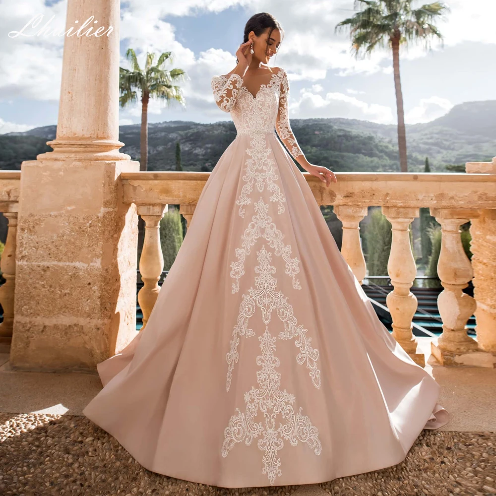Lhuillier Атласные свадебные платья трапециевидной формы с круглым вырезом длиной до