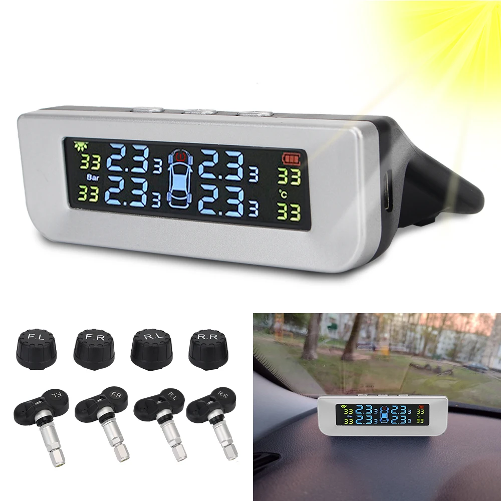 

Digital LCD Display Solor USB Power TPMS 4pcs External/Interior Sensors Tyre Pressure Monitoring System Car Accessories