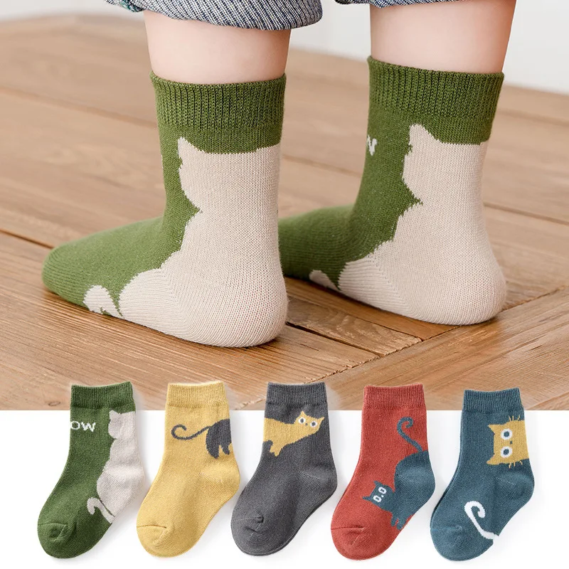 5Pair/Lot Kids Cotton Socks Boy Girl Baby Cute Cartoon Soft Warm Stripe Monster Fashion Sport Socks Autumn Winter Children Gift