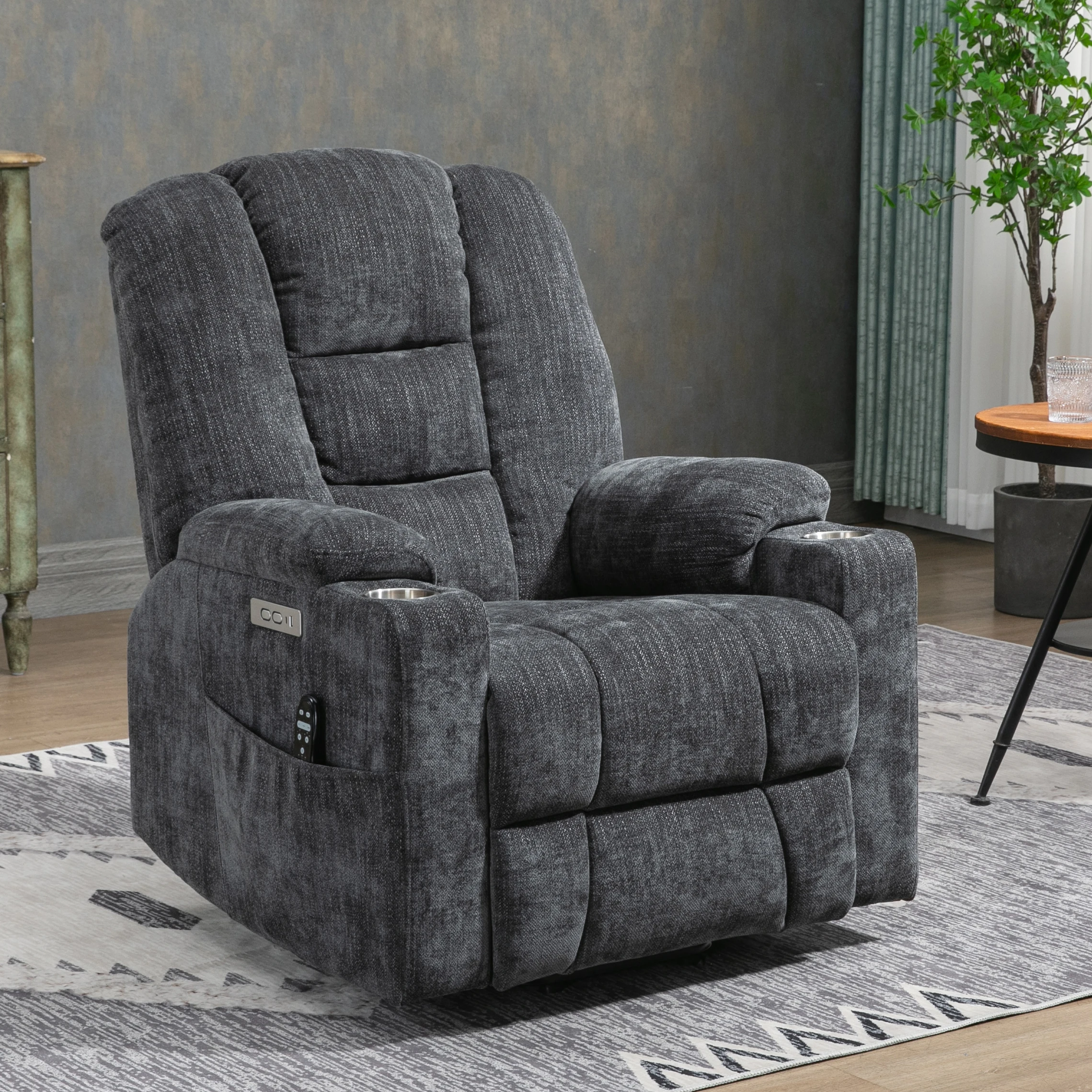 

23" Seat Width and High Back Medium Size Blue Chenille Power Lift Recliner Chair with 8-Point Vibration Massage and Lumbar Heati