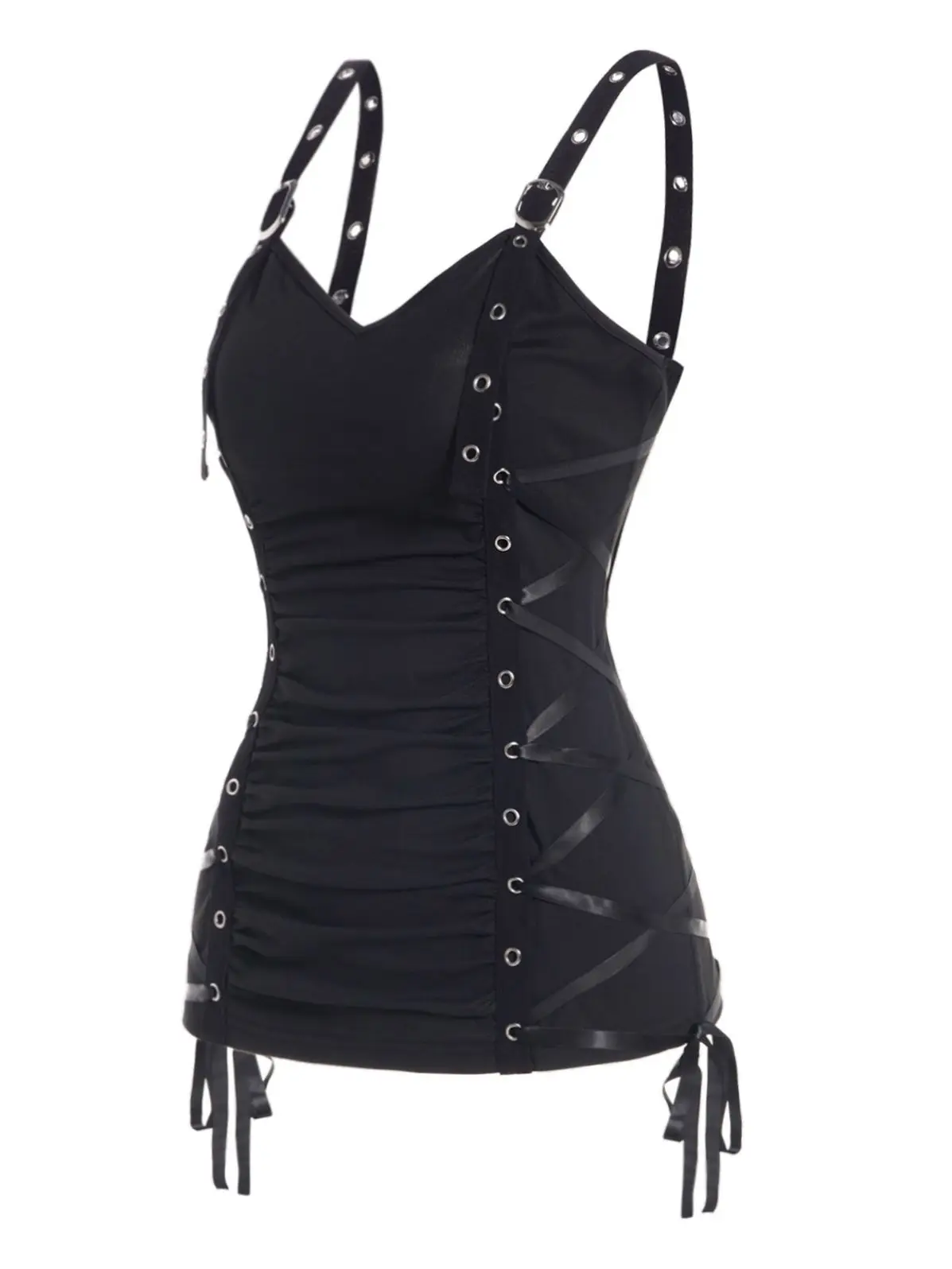 

Dressfo Gothic Black Tank Top Ruched Grommet Lace Up Casual Tank Tops Summer Sleeveless Straps Women Vest