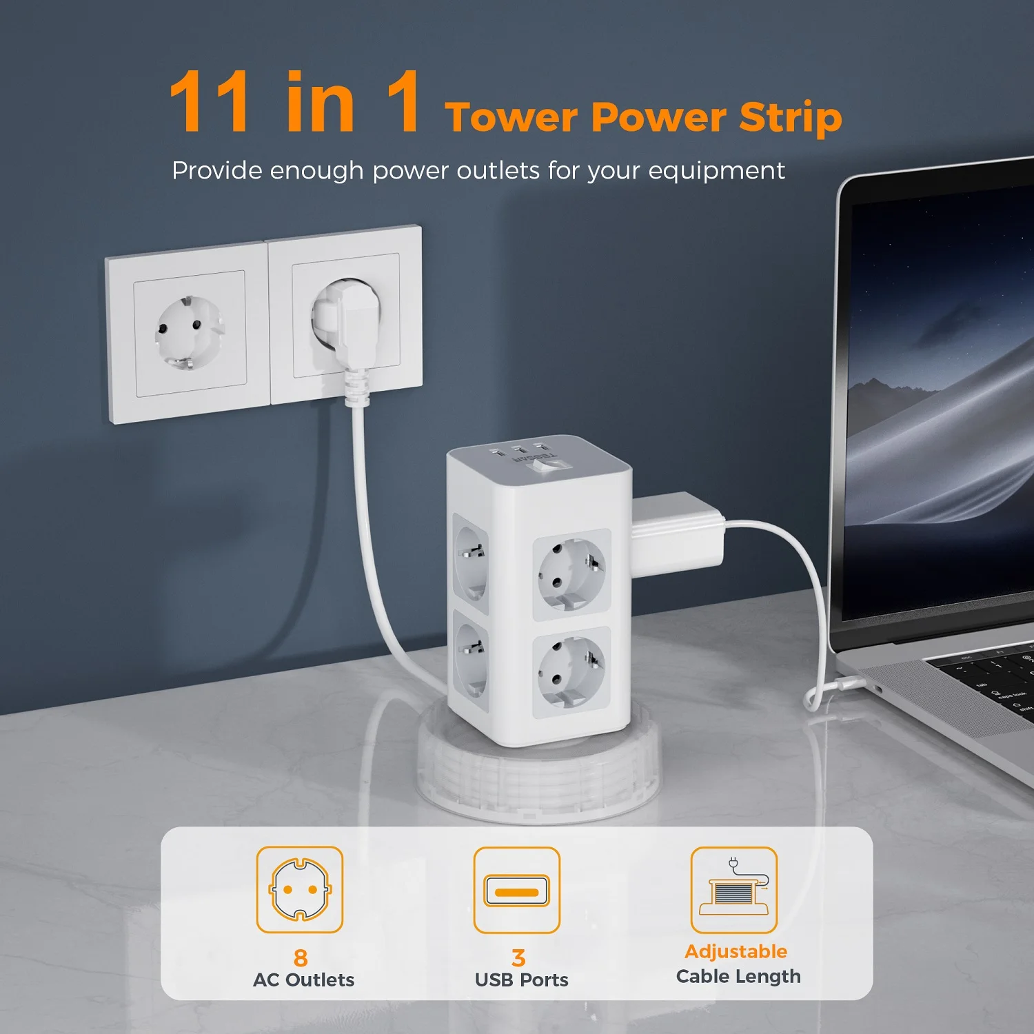 Выдвижной удлинитель TESSAN с USB 2 м европейская вилка защита от перенапряжения