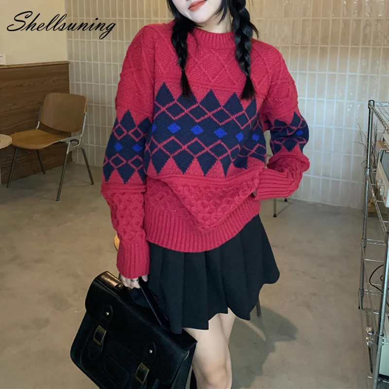 

Shellsuning Autumn Winter Retro Contrast Argyle Knitted Sweater Women Loose Twist Harajuku Pullover Female Minimalist Jumpers