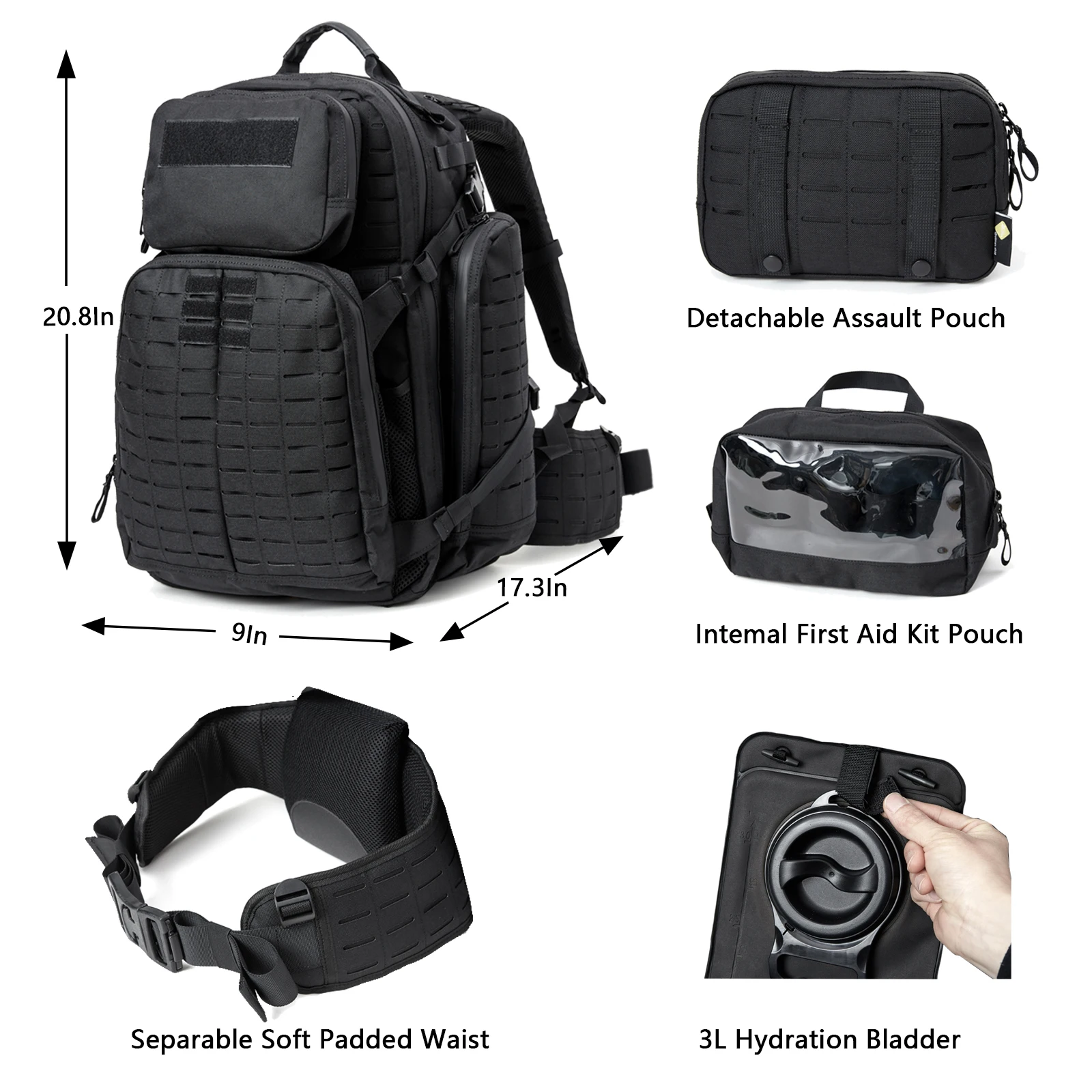 Фото 72 часа выживания Akmax 1000D тактический рюкзак MOLLE 3L гидратационный военный рюкзак для кемпинга/походов/выживания черный №2