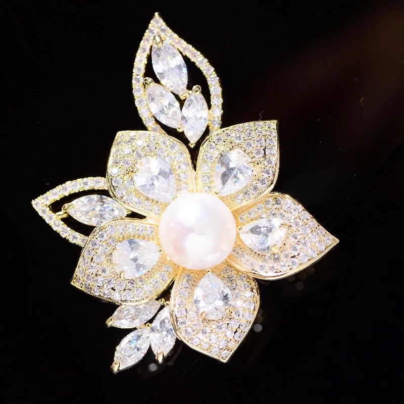 

Copper Inlaid Zircon Freshwater Pearl Flower Brooch Elegant Temperament Simple Clothing Atmosphere Fashion Pin Accessories