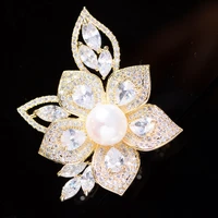 copper inlaid zircon freshwater pearl flower brooch elegant temperament simple clothing atmosphere fashion pin accessories