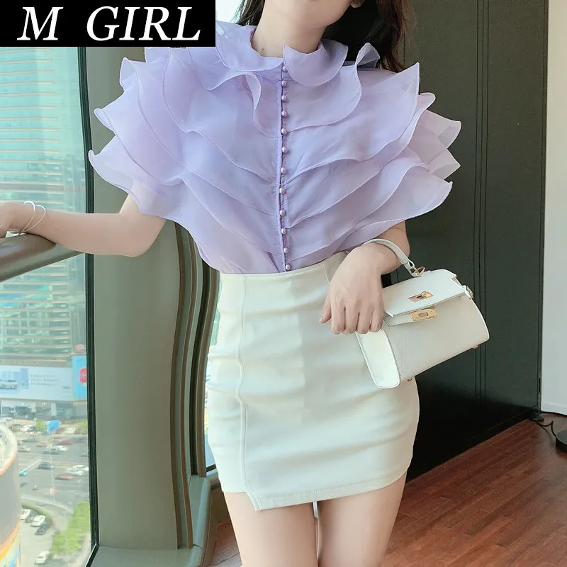 Multi-layer Ruffles Organza Purple Shirt Women's Vintage Single-breasted Flying Sleeve One Size Slim Blouse Top