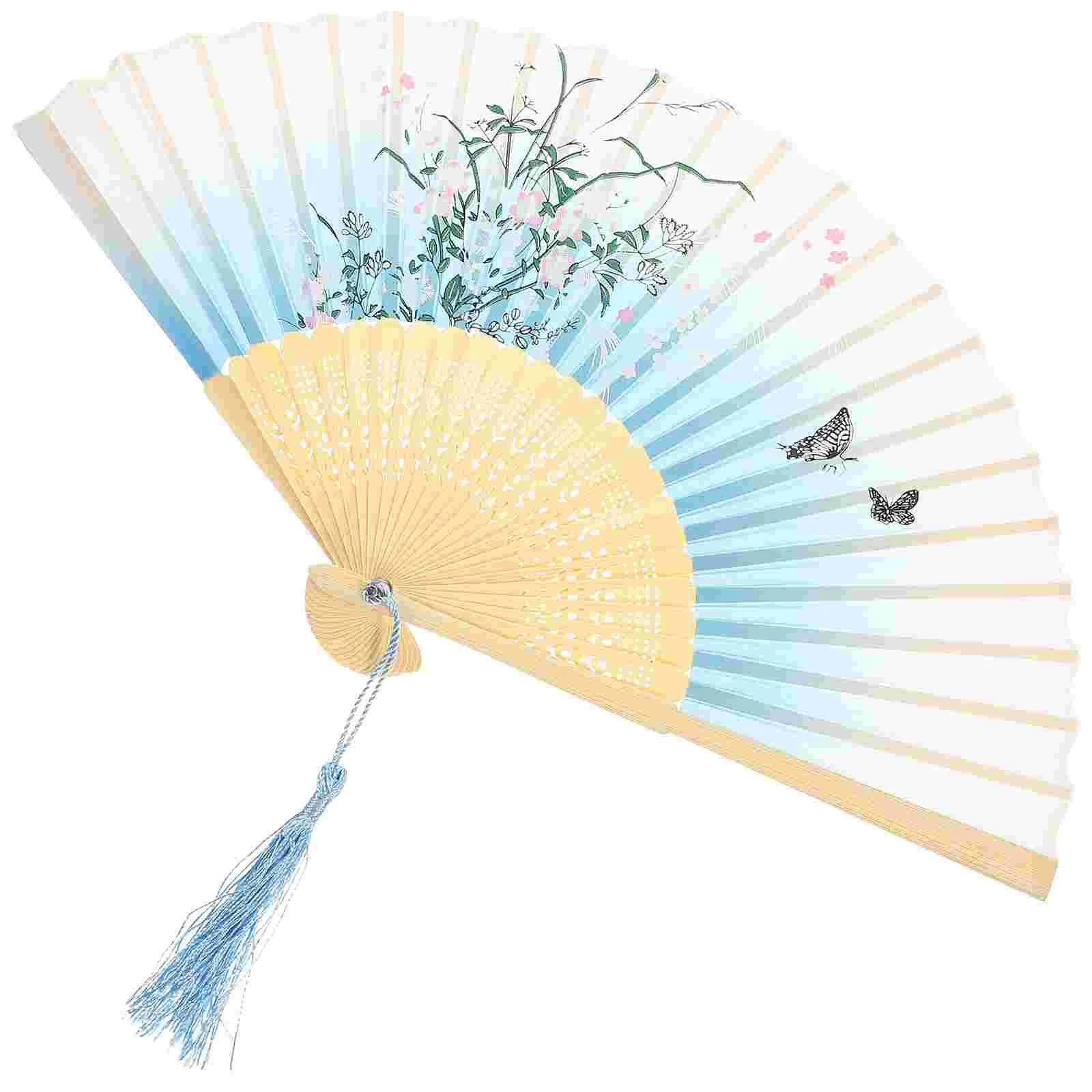 

Fan Hand Dancing Japanese Folding Paper Style Holiday Performance Chinese Cloth Floral Lace Tassel Fabric Decorations