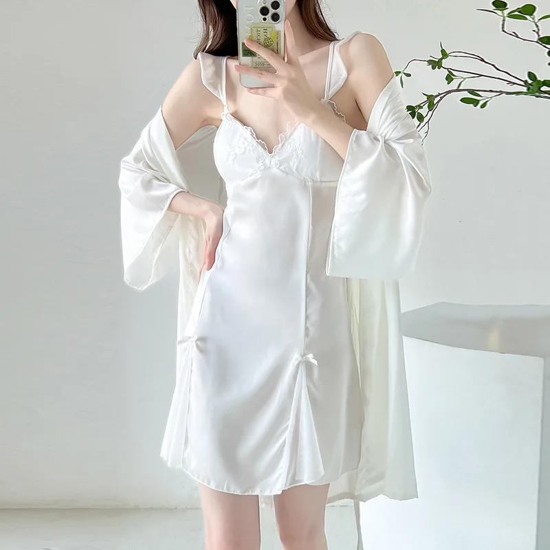 

Female Sexy Lace Kimono Bathrobe Summer Twinset Robe Set With Suspender Nightdress Strap Nightgown Rayon Home Dress Loungewear