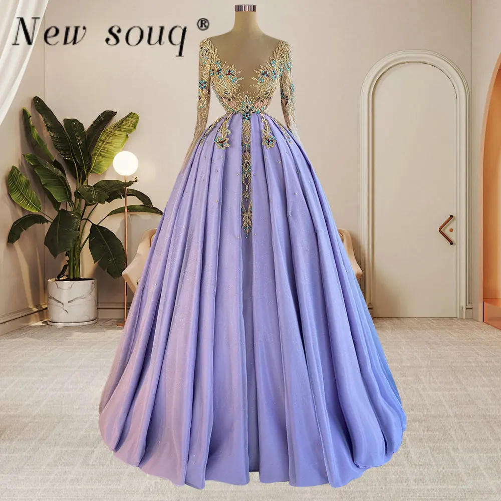 

Lavender Purple Long Sleeves Evening Dresses Illusion O Neck Colorful Beaded Ruched Elegant Formal A Line Wedding Party Gowns
