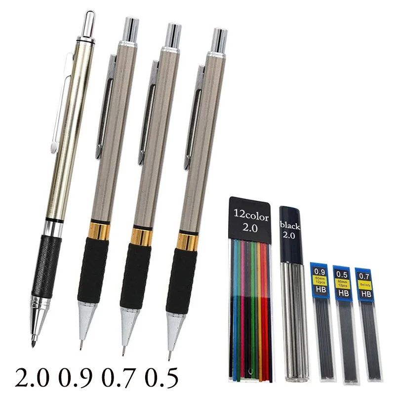 

Lead Writing Metal Mechanical All 0.5 Non-slip Metal Grip Pencil Drawing 0.7 Refill Core Drafting 2.0 Pen Set 0.9 Rubber