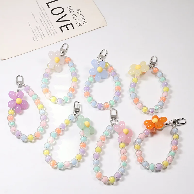 2pcs Colorful Round Flower Beads Lanyards KeyChains Lanyard Bead Wriststrap For Diy Phone Case Pendant Handmade Chain Decorative