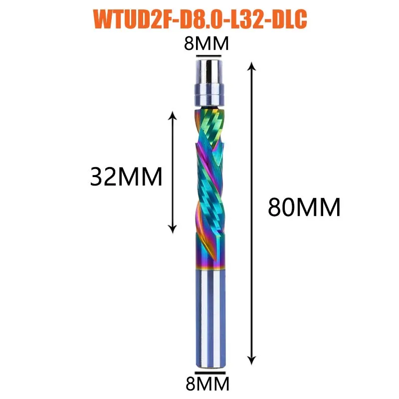 

Dreanique, 1 шт., DLC-покрытие, твердосплавный подшипник, управляемые фрезы, 2 канавки, спиральная заподлицо, 8 мм, хвостовик, деревообрабатывающая концевая фреза