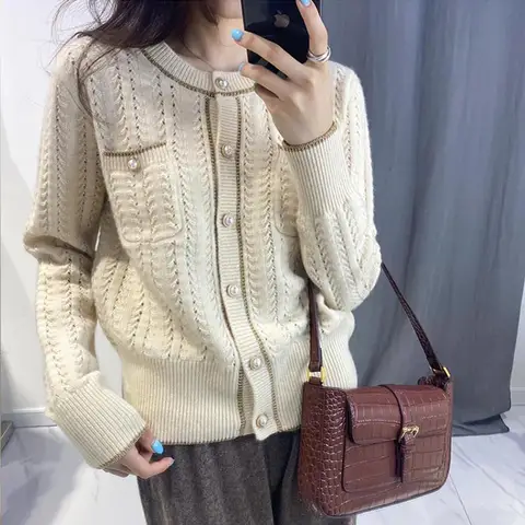 Korean Style Chic Sweet Beads Button Pocket Knitted Cardigan Women Spring Autumn Casual Long Sleeve Sweater Coats Jumper Clothes