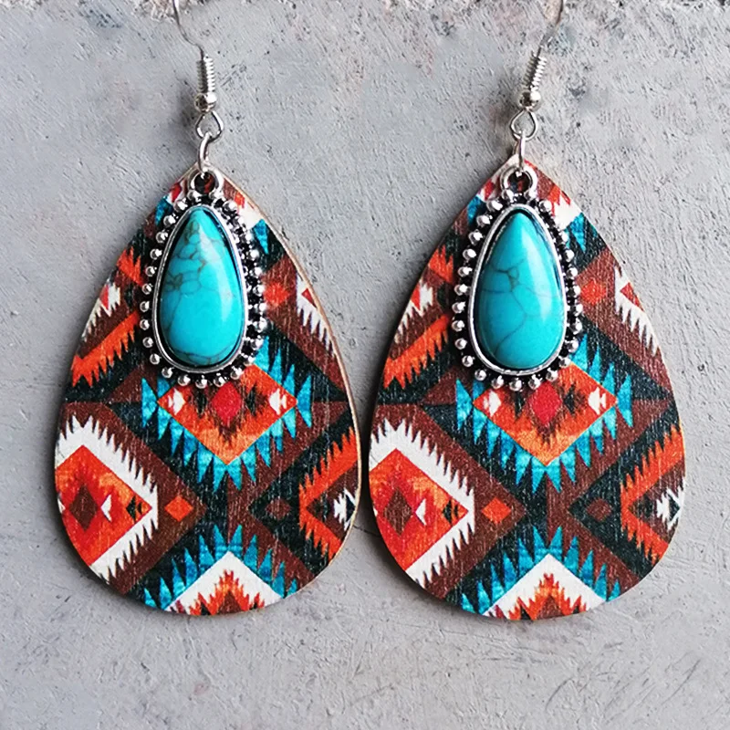

Retro Ethnic Turquoise Pendant Earrings Western Bohemian Aztec Pattern Wood Teardrop Earrings for Women Jewelry Wholesale
