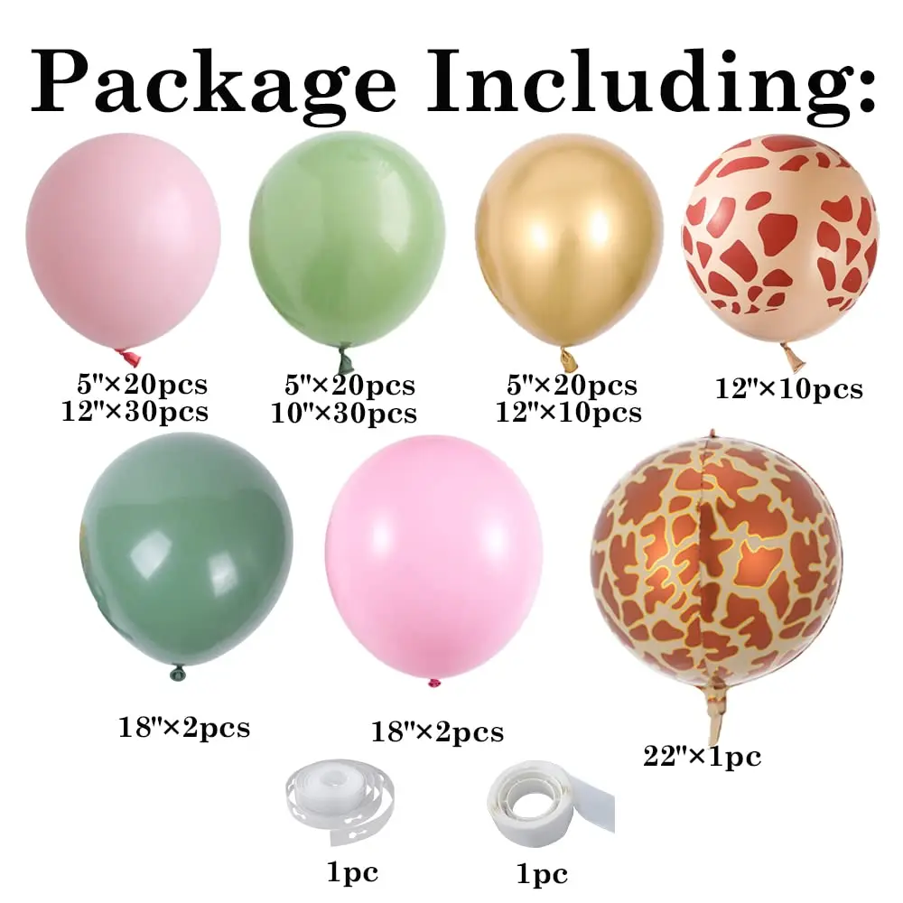 116/137pcs Jungle Birthday Party Giraffe Printed Balloon Garland Wild Baby Shower Decoration Pink Sage Green Arch |