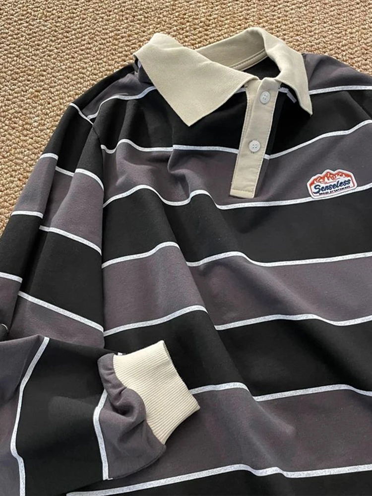 

2022 Harajuku Striped T-shirts Long-sleeved POLO Shirt Tops Men Women Loose Trend Couple BF Lapel Sweatshirt Hip Hop Cool Shirts